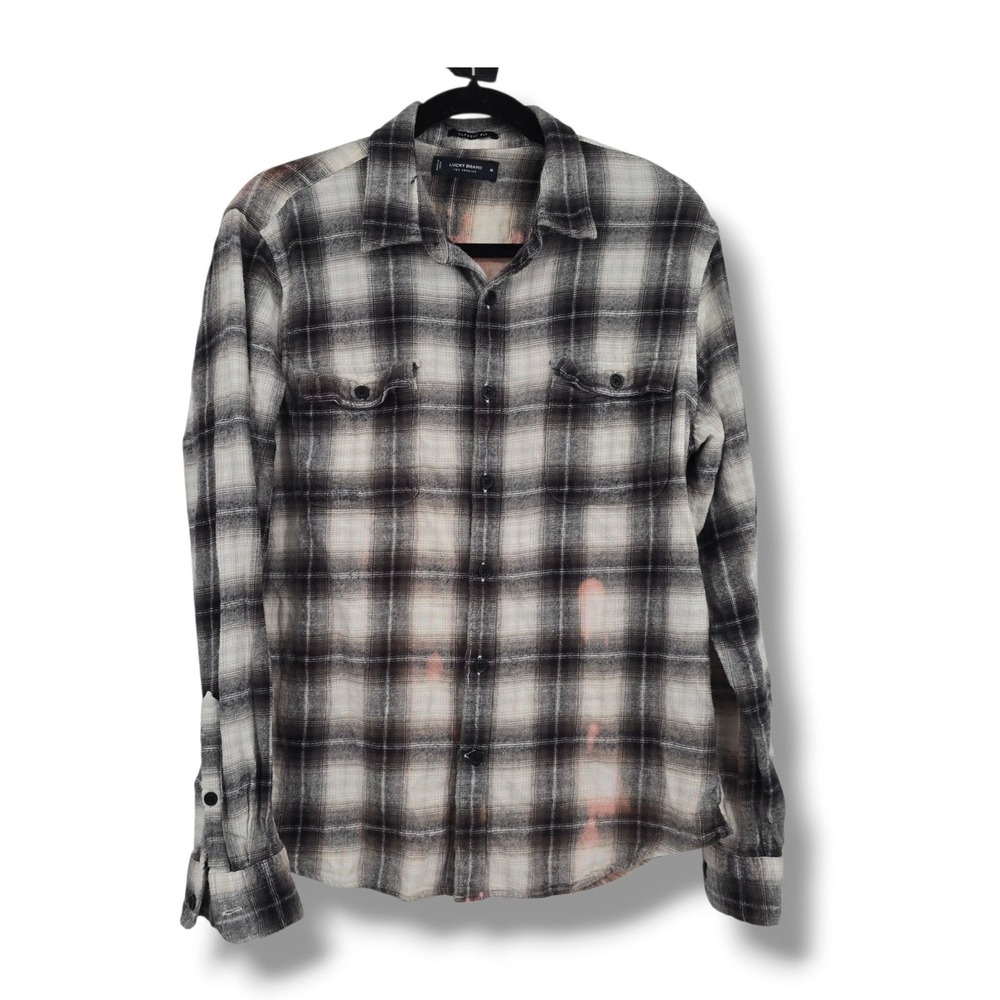 Lucky Brand Womens Bleached Plaid Flannel Shirt Black White Pink M Classic Fit